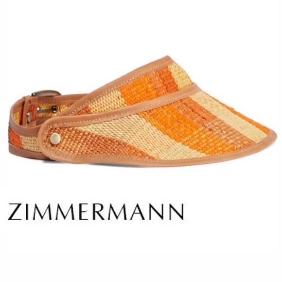 Zimmermann Accessories - Zimmermann Raffia Leather Trim Visor | One Size | Orange and Tan